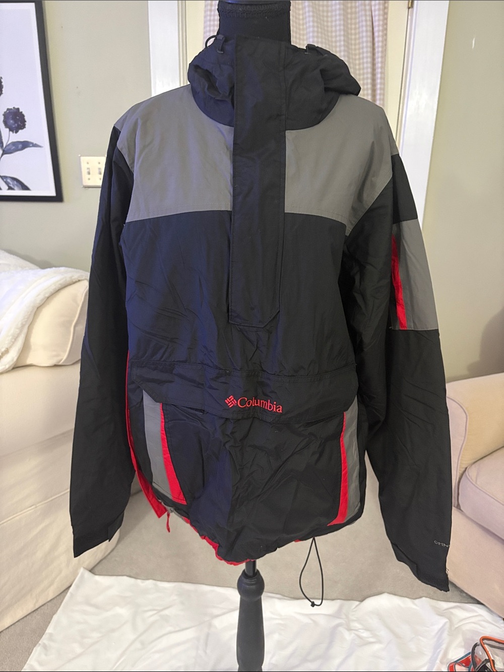 Columbia Men’s Black & Gray Hooded Rain Jacket with Red Trim